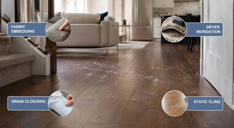 Pet hair tumbleweeds and dust bunnies accumulated along hardwood floor baseboards