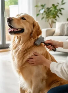 Brushing a golden retriever dog with a professional grooming tool to reduce loose undercoat fur at the source