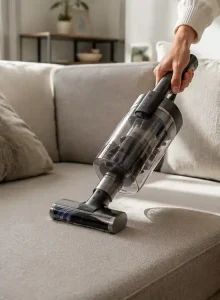 Using a handheld cordless vacuum cleaner to eliminate stubborn pet hair from a fabric couch surface