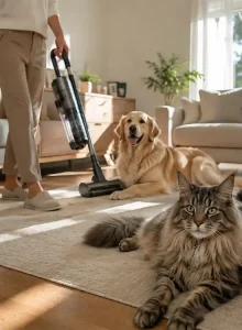 Maintaining a hair-free living room area rug with a stick vacuum next to a golden retriever dog and longhair cat