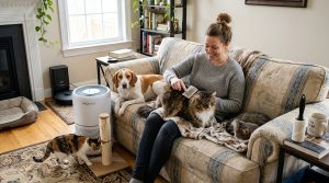 A neat freak's guide to removing pet hair from home and clothes, featuring a woman brushing a Maine Coon cat on a sofa alongside a dog, an air purifier, and a lint roller.