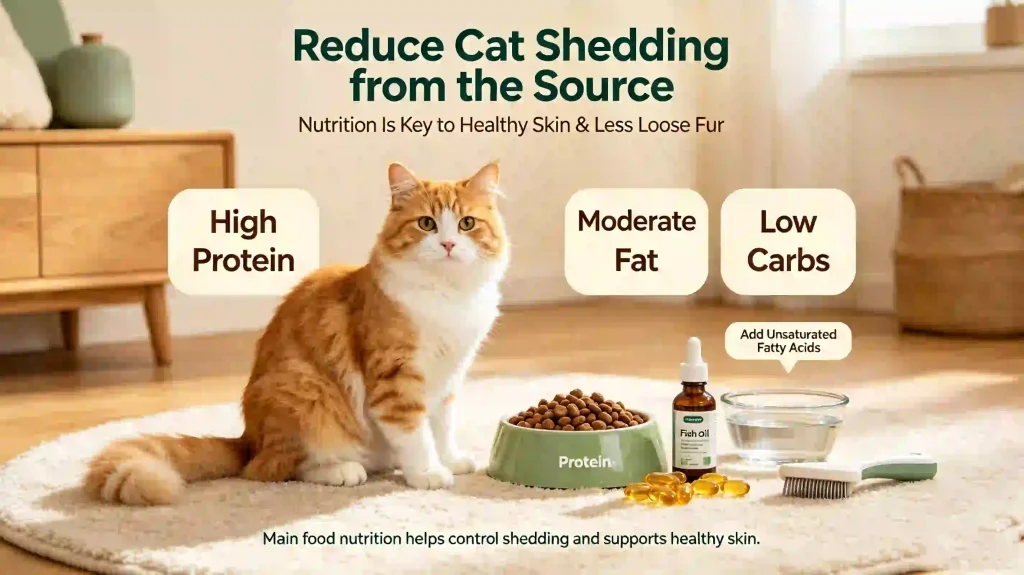 Pet care infographic about reducing cat shedding from diet source, high protein moderate fat low carb cat food plus unsaturated fatty acids to stop cat shedding, minimize loose fur on laundry clothes couch carpet for whole home pet hair removal
