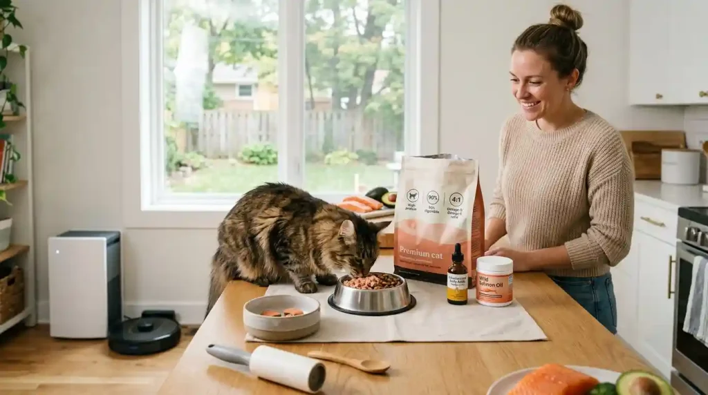 A Maine Coon cat eating high-protein, wild salmon-based cat food from a steel bowl on a kitchen counter, flanked by bottles of Unsaturated Fatty Acid supplements and Omega-3 oil to reduce shedding and promote skin health.