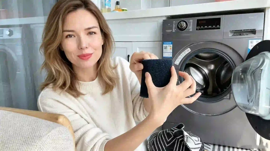 Pet hair removal sponge for laundry washing machine, effective tool to remove cat and dog fur from clothes and blankets, easy way to get rid of pet hair from laundry in wash cycle