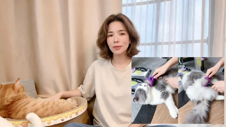Pet content creator demonstrating Furminator deshedding brush for long-haired cats, cat shedding removal tool guide