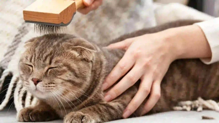 Scottish fold cat relaxing while being brushed with wooden slicker brush, tutorial: train cat to accept grooming
