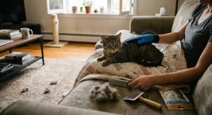 Cat parent using a blue grooming glove and slicker comb to remove excess loose fur from a tabby cat on a living room sofa