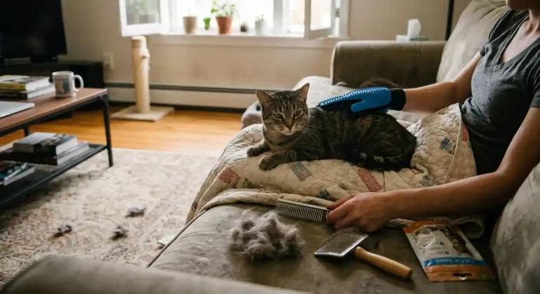 Cat parent using a blue grooming glove and slicker comb to remove excess loose fur from a tabby cat on a living room sofa