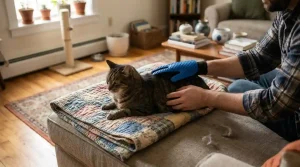 Cat owner using a blue grooming glove on a tabby cat resting on a quilted blanket in a cozy living room