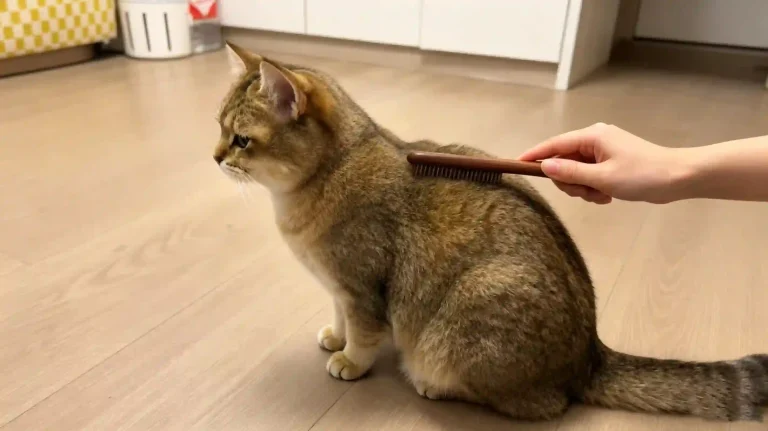 Grooming tabby cat firmly along its back with wooden metal pet comb, cat fur combing tutorial