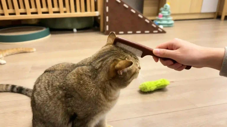 Grooming the fur beside tabby cat’s ears with wooden metal parting comb, gentle cat grooming practice