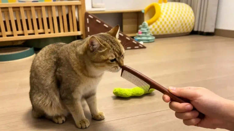 Bringing wooden handle metal comb close to tabby cat’s face to build familiarity before grooming
