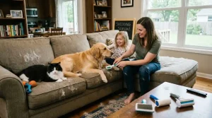 `woman cleaning pet hair off couch using deshedding brush in suburban american living room`