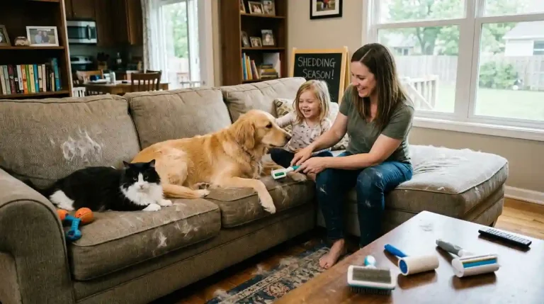 `woman cleaning pet hair off couch using deshedding brush in suburban american living room`
