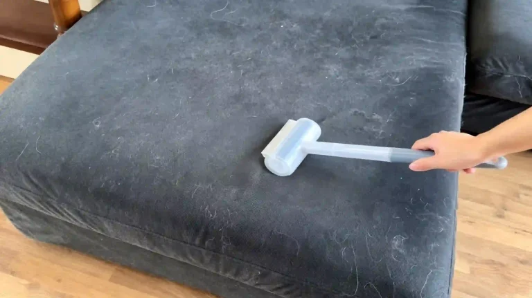 Reusable lint roller removing pet fur from dark fabric sofa at home