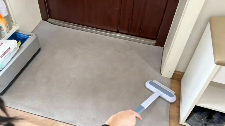 Using long handle pet hair brush cleaning grey entrance door mat indoor