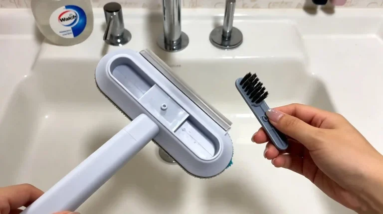Multi function long handle lint brush with small cleaning brush accessory by sink